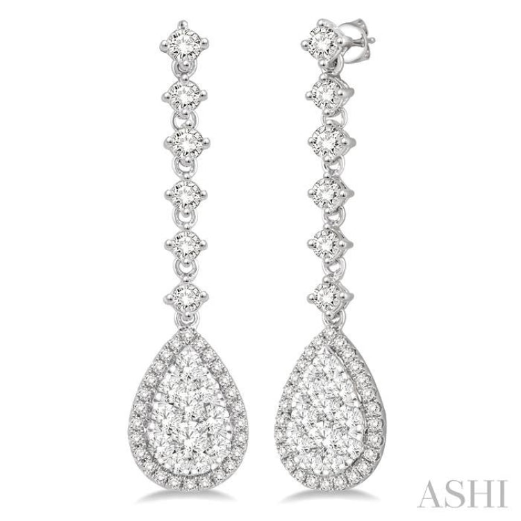 1 ctw Pear Shape Dangler Round Cut Diamond Lovebright Earrings in 14K White Gold