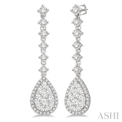 1 ctw Pear Shape Dangler Round Cut Diamond Lovebright Earrings in 14K White Gold