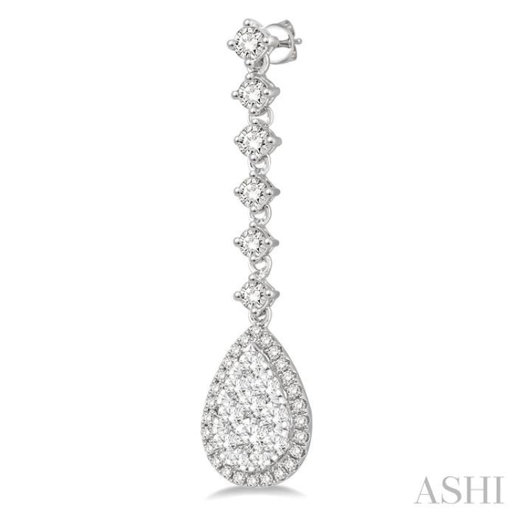 1 ctw Pear Shape Dangler Round Cut Diamond Lovebright Earrings in 14K White Gold