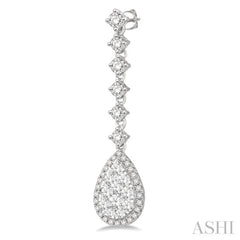 1 ctw Pear Shape Dangler Round Cut Diamond Lovebright Earrings in 14K White Gold