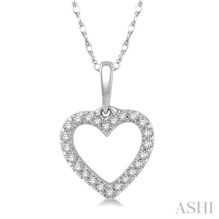 1/10 ctw Hollow Cut Heart Charm Round Cut Diamond Petite Pendant in 10K White Gold with chain