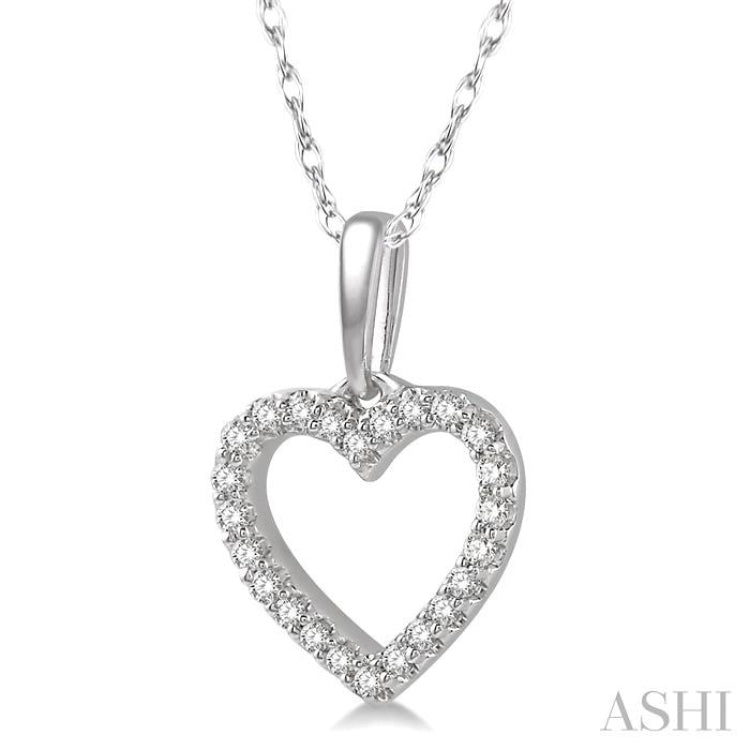 1/10 ctw Hollow Cut Heart Charm Round Cut Diamond Petite Pendant in 10K White Gold with chain