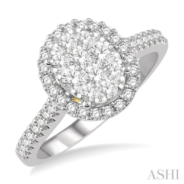 3/4 ctw Round Diamond Lovebright Oval Shape Halo Engagement Ring in 14K White and Yellow Gold