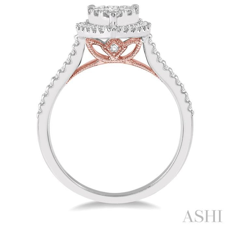 3/4 ctw Pear Shape Round Cut Diamond Lovebright Cluster Ring in 14K White and Rose Gold