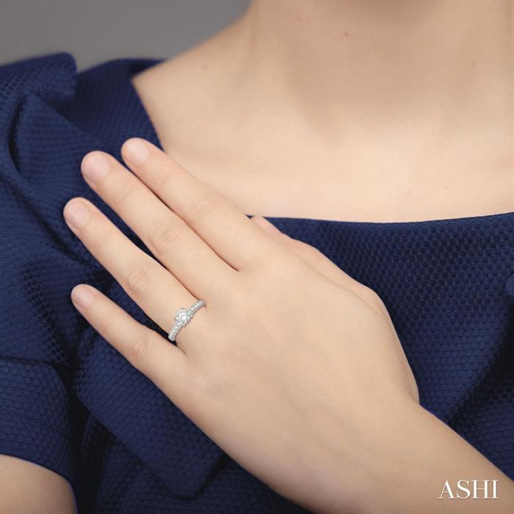 5/8 ctw Round Cut Diamond Ladies Engagement Ring with 1/3 Ct Round Cut Center Stone in 14K White Gold