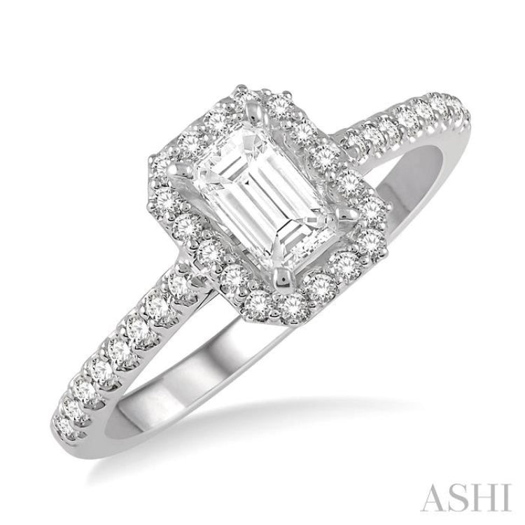 3/8 ctw Emerald Shape Engagement Ring with 1/4 Ct Emerald Cut Center Stone in 14K White Gold
