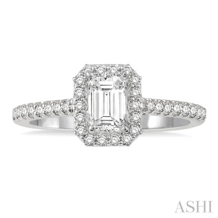 3/8 ctw Emerald Shape Engagement Ring with 1/4 Ct Emerald Cut Center Stone in 14K White Gold