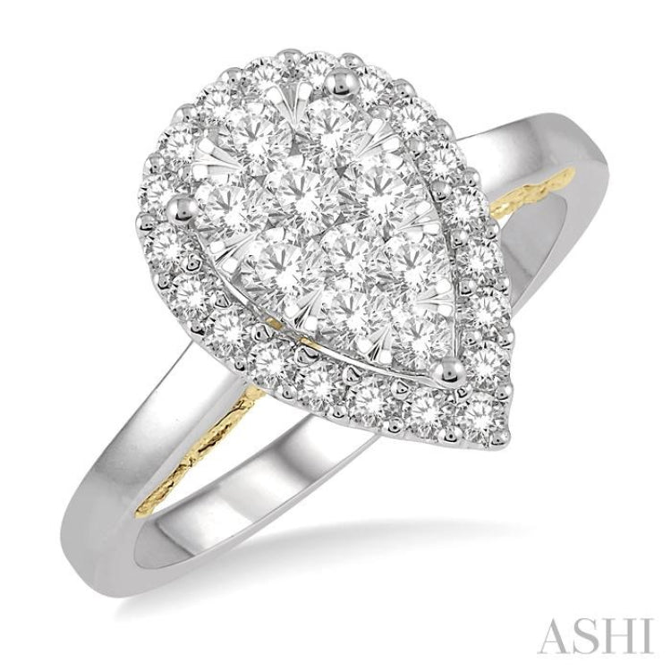 3/4 ctw Pear Shape Lovebright Round Cut Diamond Ring in 14K White and Yellow Gold