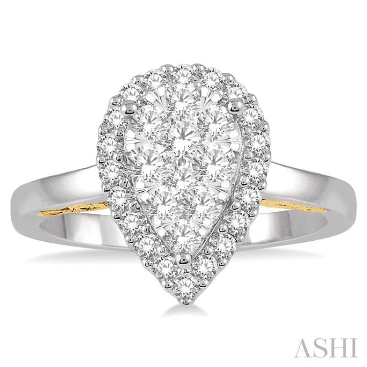 3/4 ctw Pear Shape Lovebright Round Cut Diamond Ring in 14K White and Yellow Gold
