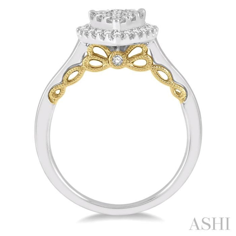 3/4 ctw Pear Shape Lovebright Round Cut Diamond Ring in 14K White and Yellow Gold