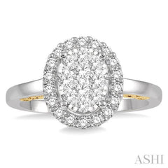 3/4 ctw Oval Shape Lovebright Round Cut Diamond Ring in 14K White and Yellow Gold