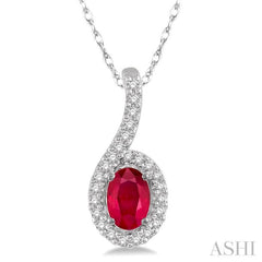 6x4 MM Oval Shape Ruby and 1/8 ctw Round Cut Diamond Precious Pendant in 10K White Gold