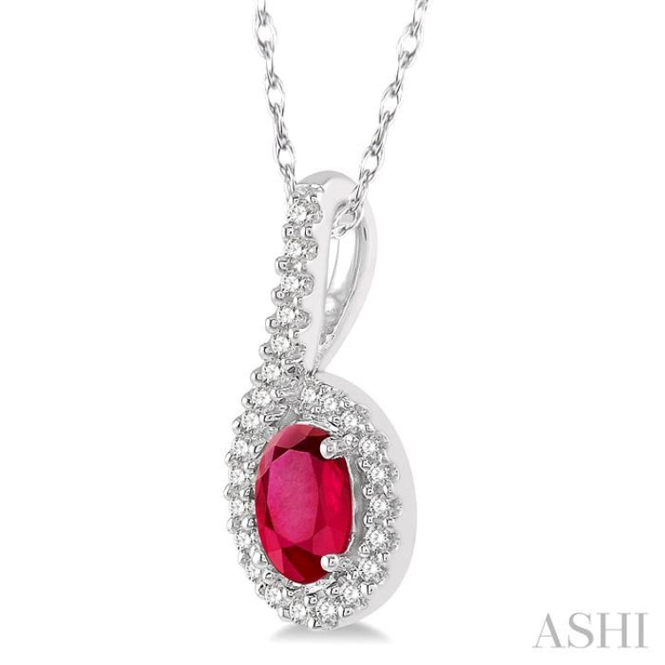 6x4 MM Oval Shape Ruby and 1/8 ctw Round Cut Diamond Precious Pendant in 10K White Gold