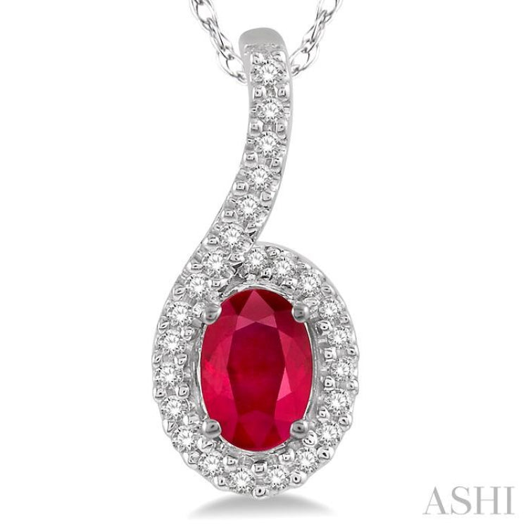 6x4 MM Oval Shape Ruby and 1/8 ctw Round Cut Diamond Precious Pendant in 10K White Gold