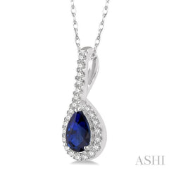 6x4 MM Pear Shape Sapphire and 1/8 ctw Round Cut Diamond Precious Pendant in 10K White Gold