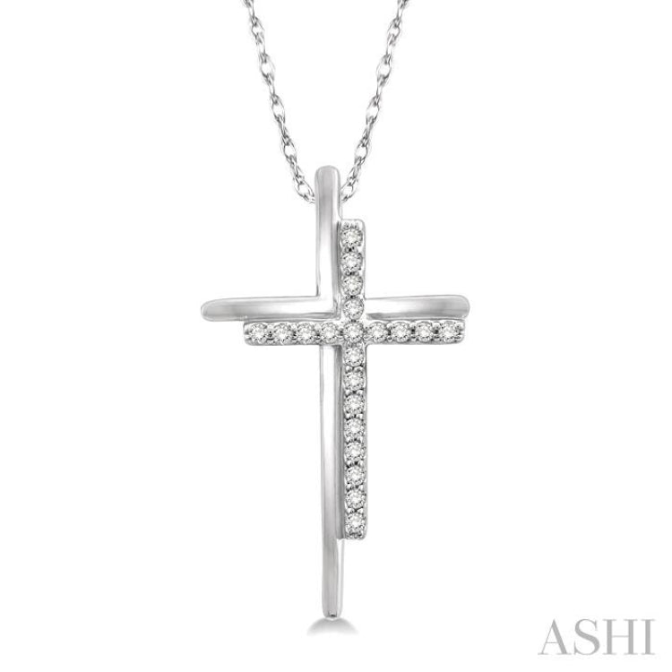 1/10 ctw Double Cross Round Cut Diamond Pendant With Link Chain in 10K White Gold