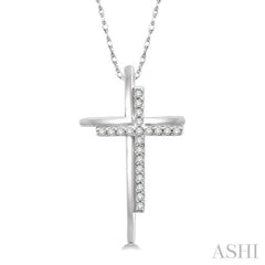 1/10 ctw Double Cross Round Cut Diamond Pendant With Link Chain in 10K White Gold
