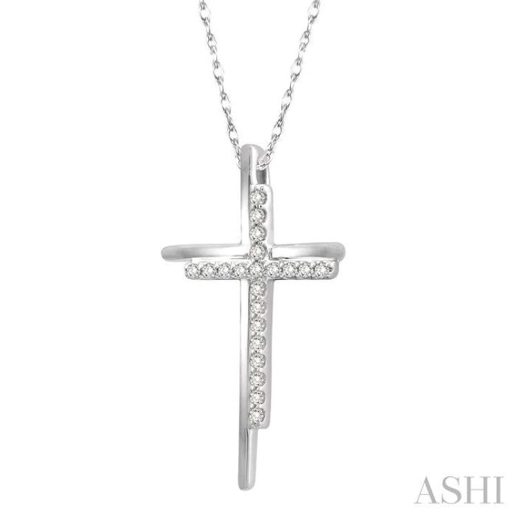 1/10 ctw Double Cross Round Cut Diamond Pendant With Link Chain in 10K White Gold