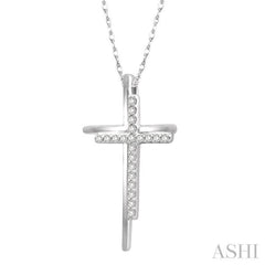 1/10 ctw Double Cross Round Cut Diamond Pendant With Link Chain in 10K White Gold