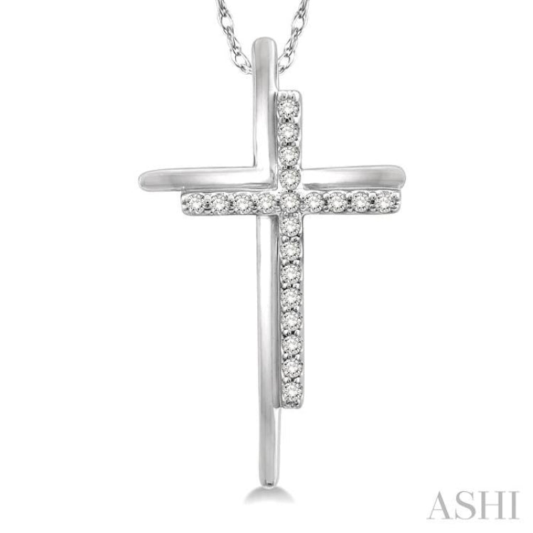 1/10 ctw Double Cross Round Cut Diamond Pendant With Link Chain in 10K White Gold