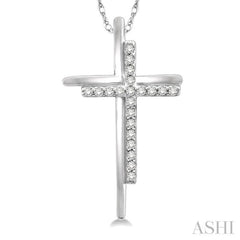 1/10 ctw Double Cross Round Cut Diamond Pendant With Link Chain in 10K White Gold