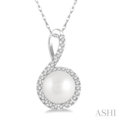 7x7 MM Round Shape Center Cultured Pearl and 1/10 ctw Round Cut Diamond Pendant in 10K White Gold