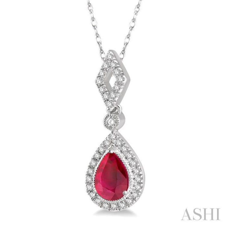 6x4 MM Pear Shape Ruby and 1/6 ctw Round Cut Diamond Precious Pendant With Chain in 10K White Gold