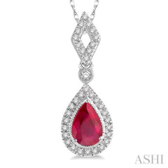 6x4 MM Pear Shape Ruby and 1/6 ctw Round Cut Diamond Precious Pendant With Chain in 10K White Gold