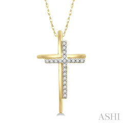 1/10 ctw Double Cross Round Cut Diamond Pendant With Link Chain in 10K Yellow Gold