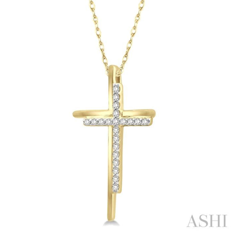1/10 ctw Double Cross Round Cut Diamond Pendant With Link Chain in 10K Yellow Gold
