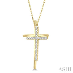 1/10 ctw Double Cross Round Cut Diamond Pendant With Link Chain in 10K Yellow Gold