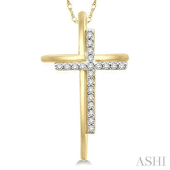 1/10 ctw Double Cross Round Cut Diamond Pendant With Link Chain in 10K Yellow Gold