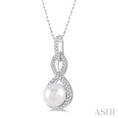 7x7 MM Round Shape Cultured Pearl and 1/6 ctw Twisted Loop Round Cut Diamond Pendant With Chain in 10K White Gold