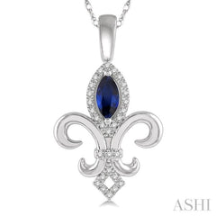 6x3 MM Marquise Shape Sapphire and 1/10 ctw Round Cut Diamond Fleur De Lis Precious Pendant With Chain in 10K White Gold