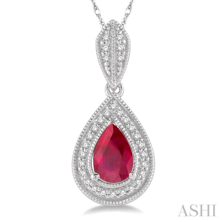 6x4 MM Pear Shape Ruby and 1/10 ctw Round Cut Diamond Precious Pendant With Chain in 10K White Gold