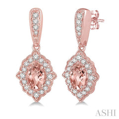 5x3 MM Oval Shape Morganite and 1/4 ctw Round Cut Diamond Semi Precious Earrings in 10K Rose Gold