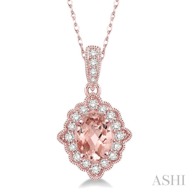 6x4 MM Ethnic Oval Cut Morganite and 1/6 ctw Round Cut Diamond Semi Precious Pendant in 10K Rose Gold with chain