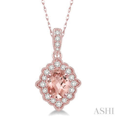 6x4 MM Ethnic Oval Cut Morganite and 1/6 ctw Round Cut Diamond Semi Precious Pendant in 10K Rose Gold with chain