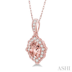 6x4 MM Ethnic Oval Cut Morganite and 1/6 ctw Round Cut Diamond Semi Precious Pendant in 10K Rose Gold with chain