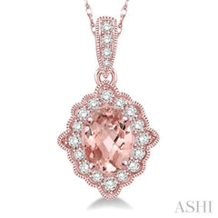 6x4 MM Ethnic Oval Cut Morganite and 1/6 ctw Round Cut Diamond Semi Precious Pendant in 10K Rose Gold with chain