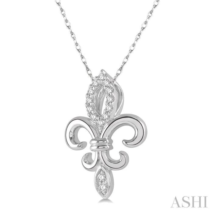 1/10 ctw Fleur De Lis Round Cut Diamond Pendant With Chain in 10K White Gold