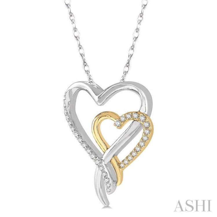 1/8 ctw Interlocked Two Tone Hearts Round Cut Diamond Pendant With Chain in 10K White and Yellow Gold