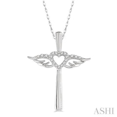 1/10 ctw Angel Wing & Heart Round Cut Diamond Cross Pendant With Chain in 10K White Gold