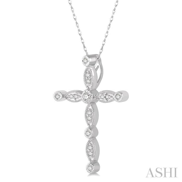 1/10 ctw Marquise & Circular Mount Cross Charm Round Cut Diamond Pendant With Chain in 10K White Gold