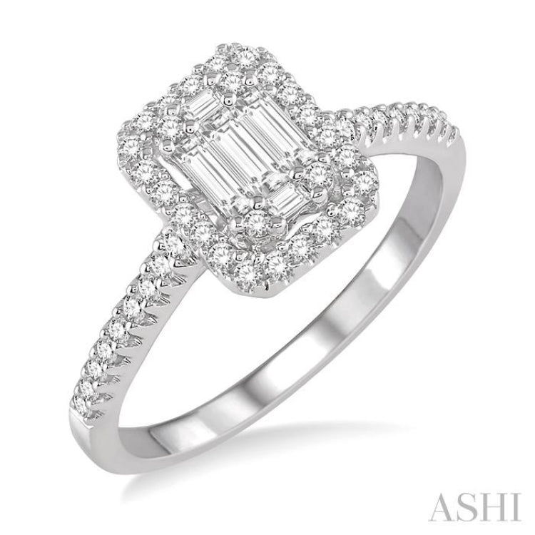 3/8 ctw Emerald Shape fusion Baguette and Round Cut Diamond Ring in 14K White Gold