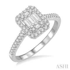 3/8 ctw Emerald Shape fusion Baguette and Round Cut Diamond Ring in 14K White Gold