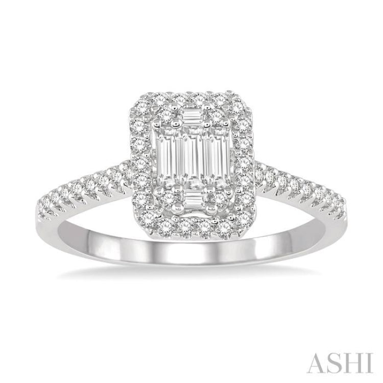 3/8 ctw Emerald Shape fusion Baguette and Round Cut Diamond Ring in 14K White Gold