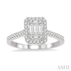 3/8 ctw Emerald Shape fusion Baguette and Round Cut Diamond Ring in 14K White Gold