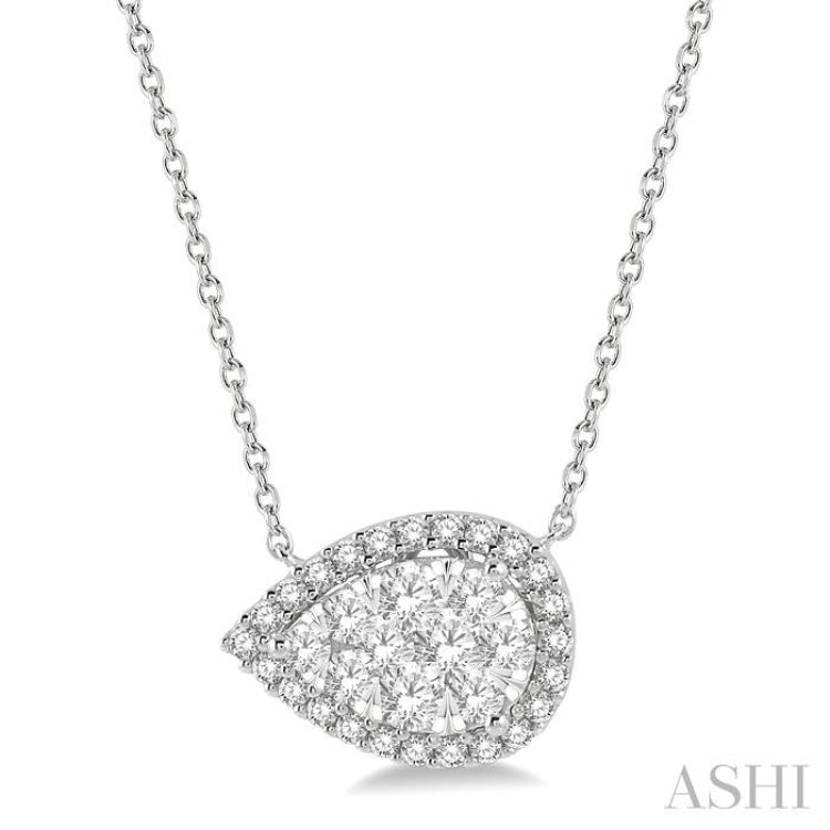 3/4 ctw Pear Shape Round Cut Diamond Lovebright Pendant With Chain in 14K White Gold