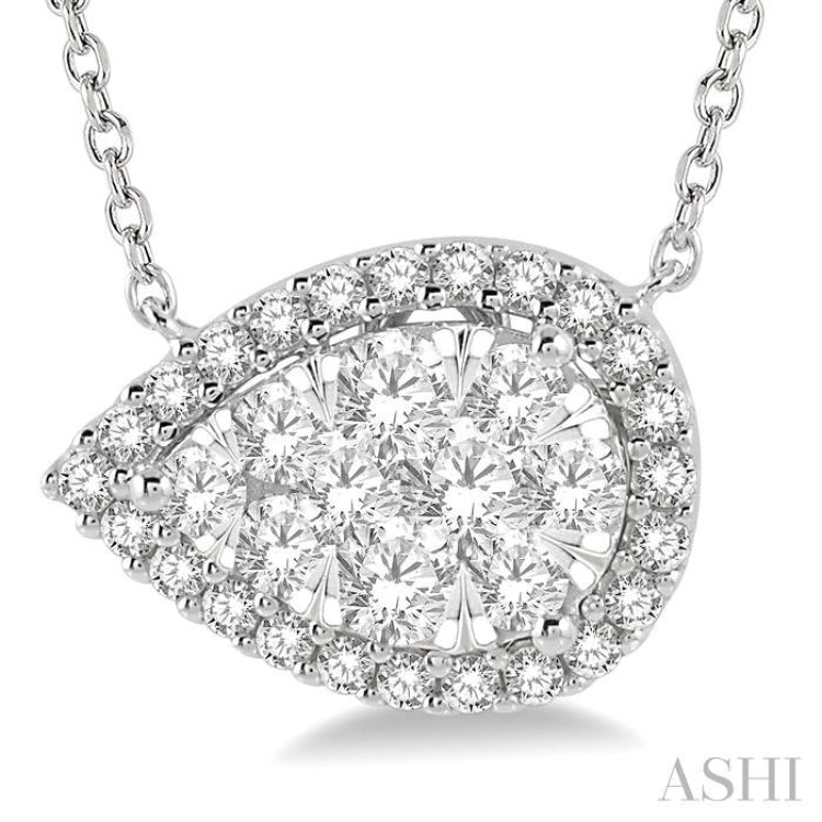 3/4 ctw Pear Shape Round Cut Diamond Lovebright Pendant With Chain in 14K White Gold
